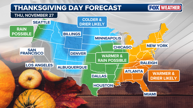 Storms are expected across parts of the central U.S. leading up to and on Thanksgiving Day.
