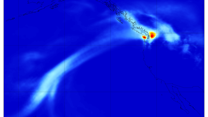 This AIGFS forecast in the form of a map, for December 10, 2025, shows the heavy precipitation from an atmospheric river hitting the U.S. Pacific Northwest.