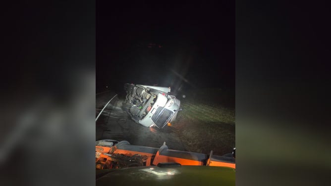Powerful wind gusts knock over semi-truck on US 195 in Colton, Washington on Wednesday morning.