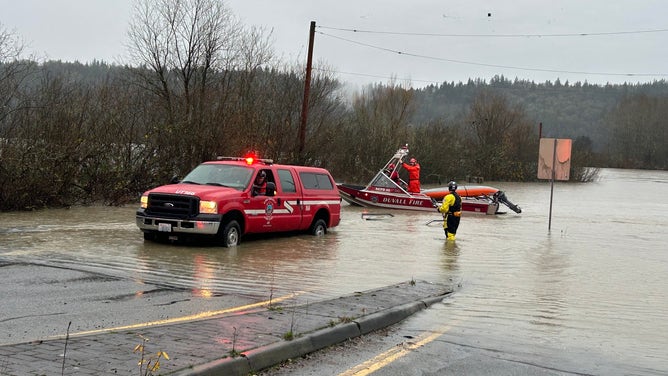 Snoqualmie River flooding in Duvall, Washington in King County.