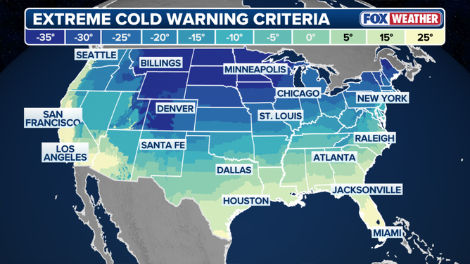 This graphics show the different temperature criteria for an Extreme Cold Warning.