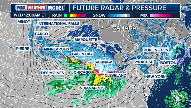 Future radar outlining weather conditions for upper Midwest and Northern Tier