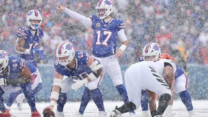ORCHARD PARK, NEW YORK - DECEMBER 07: Josh Allen #17 of the Buffalo Bills directs the offense against the Cincinnati Bengals during the second quarter at Highmark Stadium on December 07, 2025 in Orchard Park, New York.