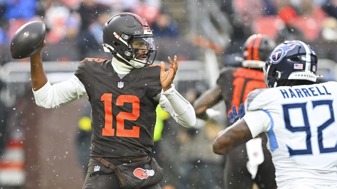 CLEVELAND, OHIO - DECEMBER 07: Shedeur Sanders #12 of the Cleveland Browns looks to pass against the Tennessee Titans during the first half at Huntington Bank Field on December 07, 2025 in Cleveland, Ohio.