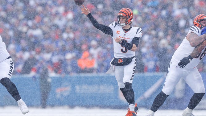 ORCHARD PARK, NEW YORK - DECEMBER 7: Joe Burrow #9 of the Cincinnati Bengals throws a pass during the first quarter of the NFL 2025 game against the Buffalo Bills at Highmark Stadium on December 7, 2025 in Orchard Park, New York.