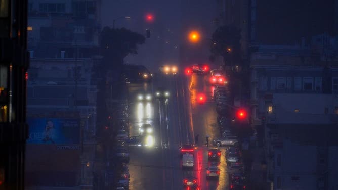 SAN FRANCISCO, CA - DECEMBER 19: A view of California Street during rainy weather as an atmospheric river hits San Francisco Bay Area in California, United States on December 19, 2025. 