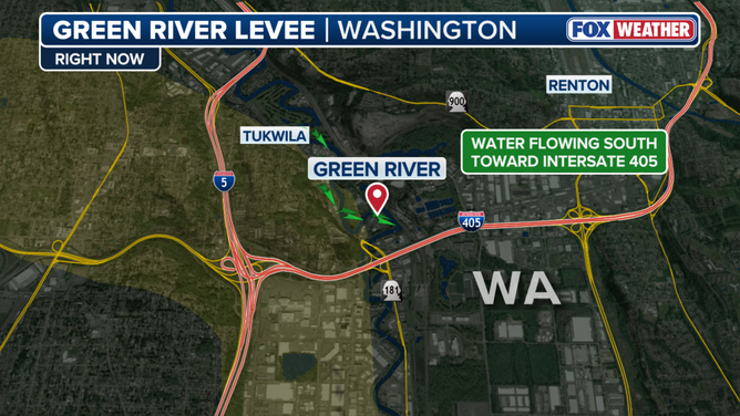 Green River Levee map showing water flowing toward Interstate 405