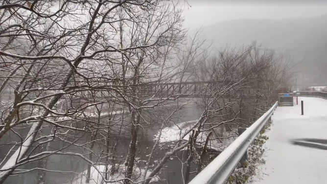 Snow across the Lehigh River in Carbon County, Pennsylvania on Tuesday, Dec. 2, 2025.
