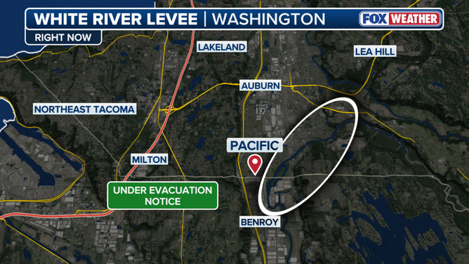 Levee failure at White River in Pacific, Washington.