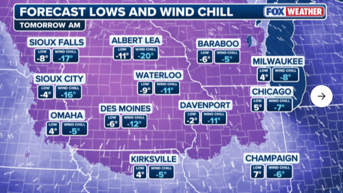 Forecast for temperature lows set to hit the Midwest with this new wave of Arctic air