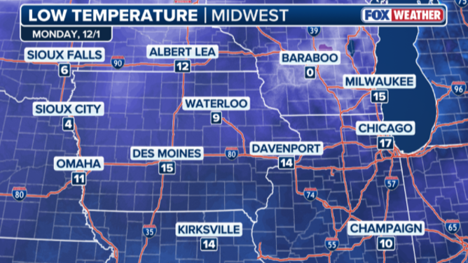 Temperature lows in the Midwest on Monday Dec. 1.
