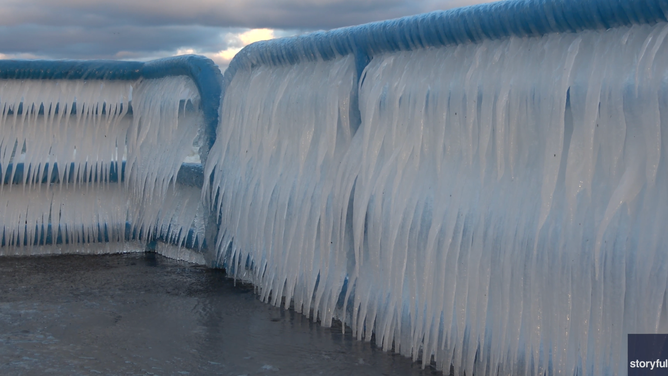 Ice covers the pier in St. Joseph, Michigan on Dec. 4, 2025. 