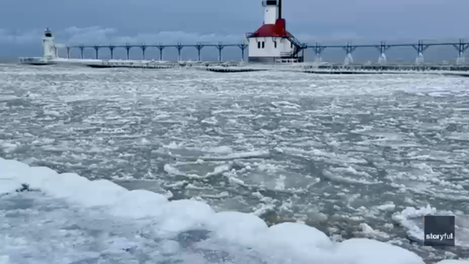 Pancake ice surrounding the North Pier Lighthouse on Lake Michigan Dec. 15.