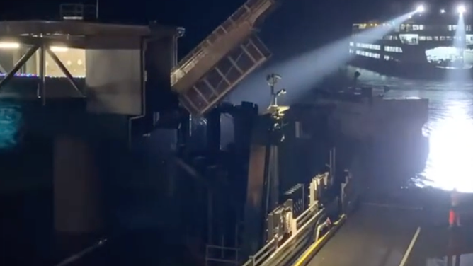 The ghost boat drifts out of the terminal in Mukilteo, Washington, luckily not causing damage to the ferry terminal.