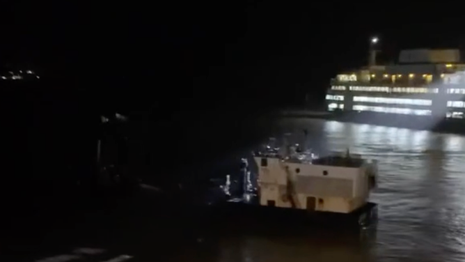 The ghost boat drifts into open waters after passing through the terminal.