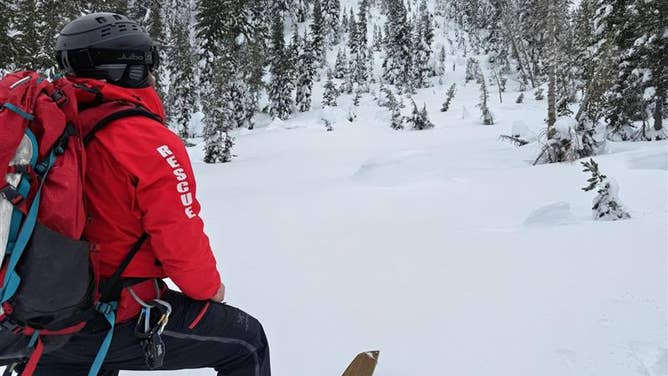 Emergency response teams search for a skier partially buried in an avalanche in Mount Rose Summit, Nevada.
