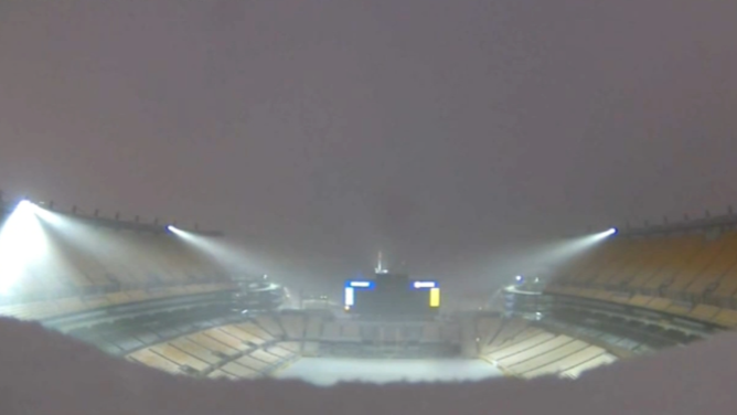 Snow piles up in Acrisure Stadium in Pittsburgh on Tuesday morning, Dec. 2, 2025.