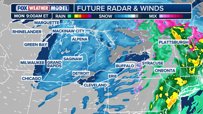 Future radar and winds as storm tracks east