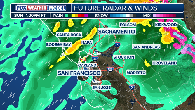 California future radar and winds outlook for 1 p.m. Pacific Time on Sunday Dec. 21.