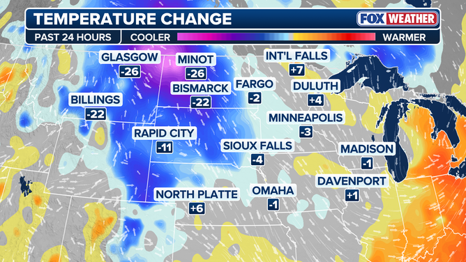 Temperature changes throughout the U.S. within the last 24 hours