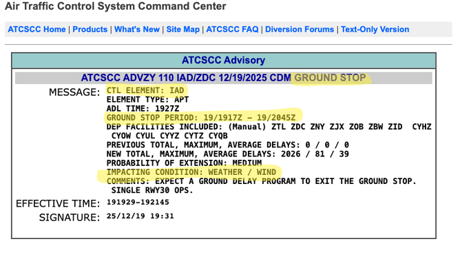 The following FAA ground stop alert was issued for Washington Dulles International Airport on Dec. 19, 2025.