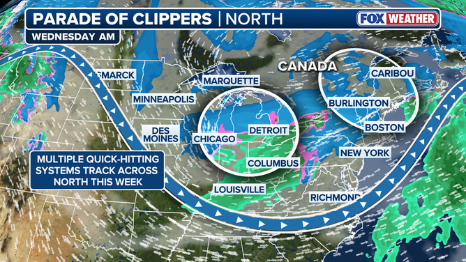 Wednesday morning outlook as clipper systems grip the North
