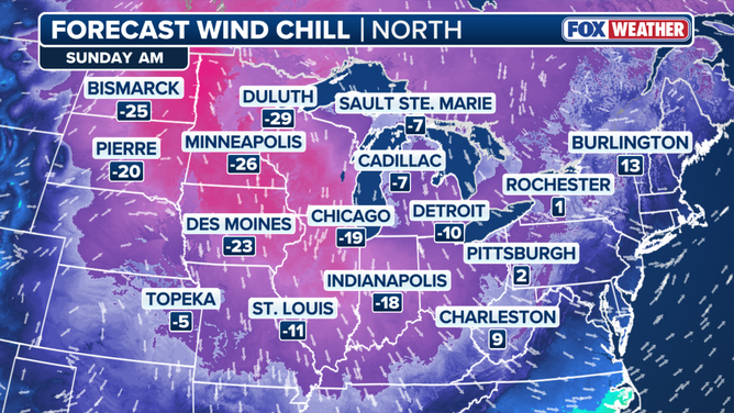 Wind chill forecast for the North on Sunday