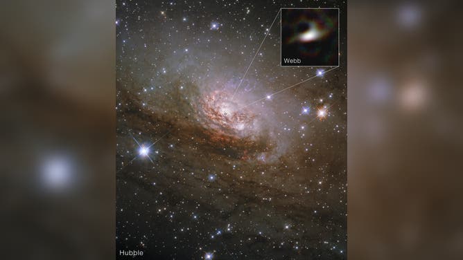 This image from NASA’s Hubble Space Telescope shows the Circinus galaxy. A close-up of its core from NASA’s James Webb Space Telescope shows the inner face of the hole of the donut-shaped disk of gas disk glowing in infrared light. The outer ring appears as dark spots.