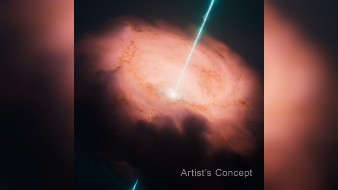 This artist’s concept depicts the central engine of the Circinus galaxy, visualizing the supermassive black hole fed by a thick, dusty torus that glows in infrared light.