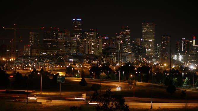 Denver city skyline at night on Wednesday, August 27, 2008.