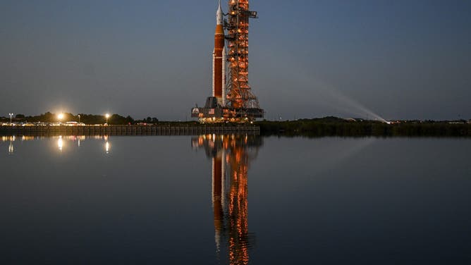 MERRITT ISLAND, FL - MARCH 17: The Artemis I Moon-bound rocket rolls out of the Vehicle Assembly Building to Launch Complex 39B for a dress rehearsal test at Kennedy Space Center.