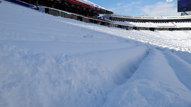 ORCHARD PARK, NEW YORK - JANUARY 15: A general view of snow filling the stands at Highmark Stadium before the game between the Pittsburgh Steelers and the Buffalo Bills on January 15, 2024 in Orchard Park, New York.