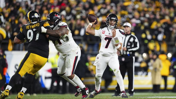 PITTSBURGH, PA - JANUARY 12: C.J. Stroud #7 of the Houston Texans throws the ball during an NFL wild card playoff football game against the Pittsburgh Steelers at Acrisure Stadium on January 12, 2026 in Pittsburgh, Pennsylvania.