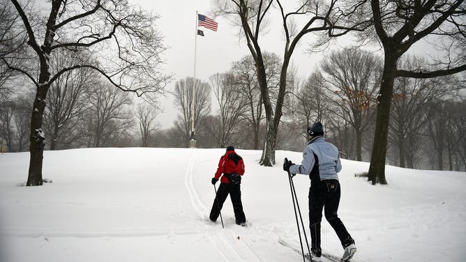 NEW YORK, NY - JANUARY 23: Cross country skiers exercise through Central Park on January 23, 2016 in New York City. A major Nor'easter is hitting much of the East Coast and parts of the South as forecasts warn of up to two feet of snow in some areas.