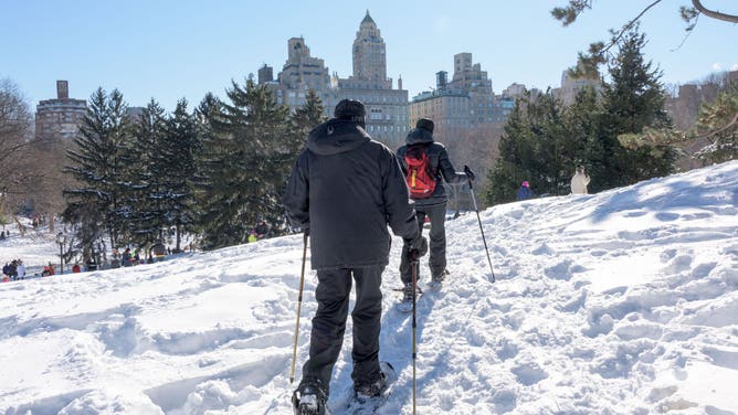 TOPSHOT - Two men walk in snow shoes in Central Park on January 24, 2016 in New York. - A massive blizzard that claimed at least 16 lives in the eastern United States finally appeared to be winding down Sunday, giving snowbound residents the chance to begin digging out.
