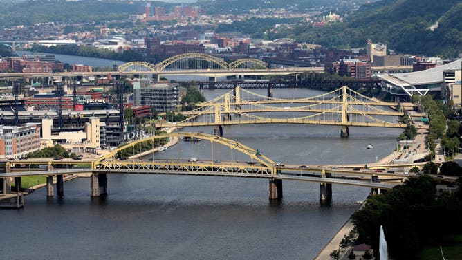 PITTSBURGH - AUGUST 25: View of Fort Duquesne Bridge, Roberto Clemente Bridge, Andy Warhol Bridge, Rachel Carson Bridge and 16th Street Bridge over the Allegheny River as photographed from Mount Washington in Pittsburgh, Pennsylvania on August 25, 2016. 