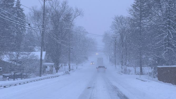 A snowy road in Oswego, NY on Jan. 2, 2026.