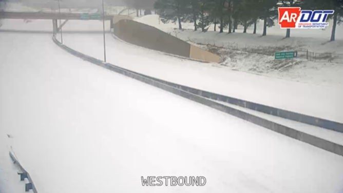 Snow blanketed North Little Rock, Arkansas on Interstate 630 early Saturday.