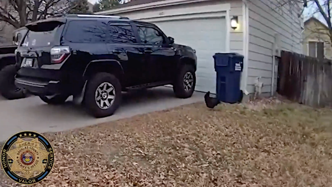 A loose chicken wanders around a neighborhood in Parker, Colorado.