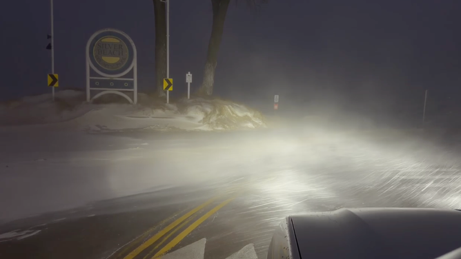 Blowing sand and snow in Benton Harbor, Michigan, on Jan. 14, 2026 during a lake-effect snow storm.