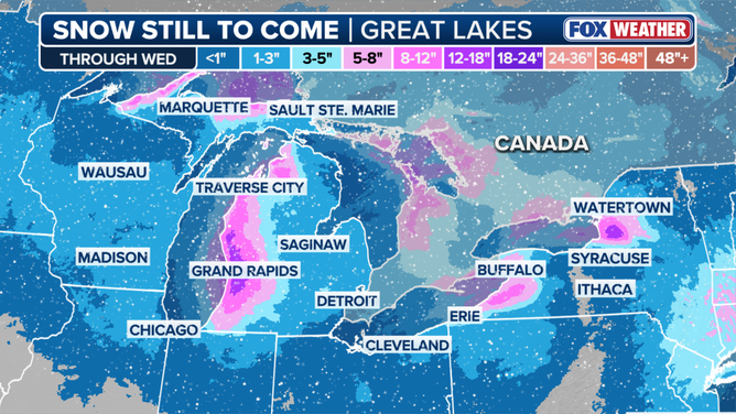 Great Lakes snow to come through Wednesday