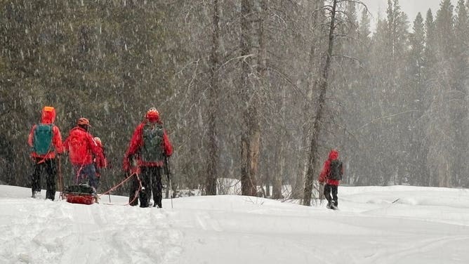 Members of the Washoe County Search and Rescue Team walk through heavy snow to rescue two hikers in Nevada.