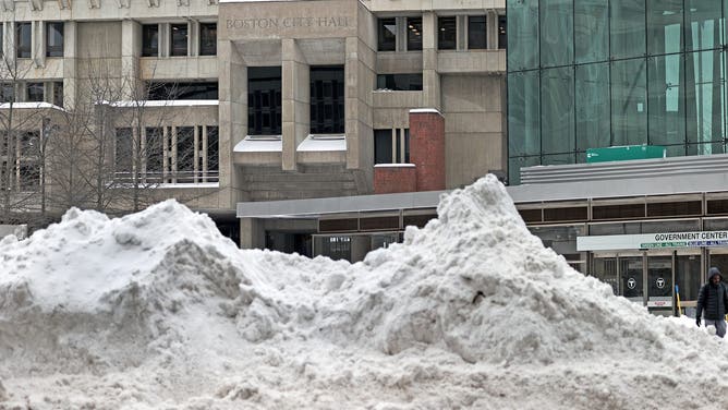 BOSTON, MA - January 26: Snow banks in front of Boston City Hall on January 26, 2026.