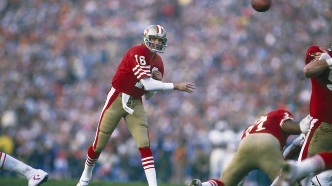 STANFORD, CA - JANUARY 20: San Francisco 49ers quarterback Joe Montana #16 passes against the Miami Dolphins during Super Bowl XIX at Stanford Stadium on January 20, 1985 in Stanford, California. The 49ers defeated the Dolphins 38-16.