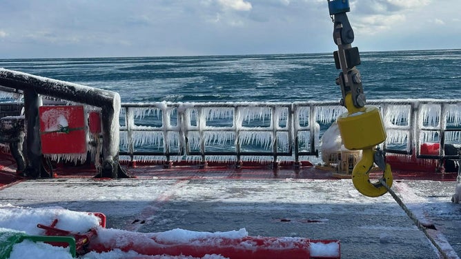 Large amounts of ice build up on a Canadian Coast Guard Vessel in Ontario, Canada.