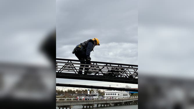 Rescuers lead people to safety from the USS Laffey.