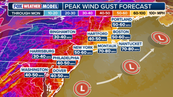Peak wind gust forecast through Monday
