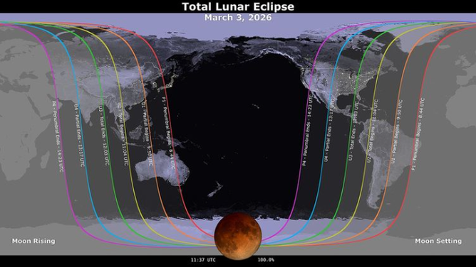 This maps shows where the March 3, 2026 lunar eclipse is visible, with the contours marking the edge of the visibility region at eclipse contact times, labeled in UTC.