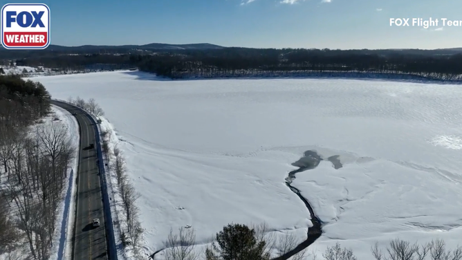 A snow-covered river in River Vale, NJ.