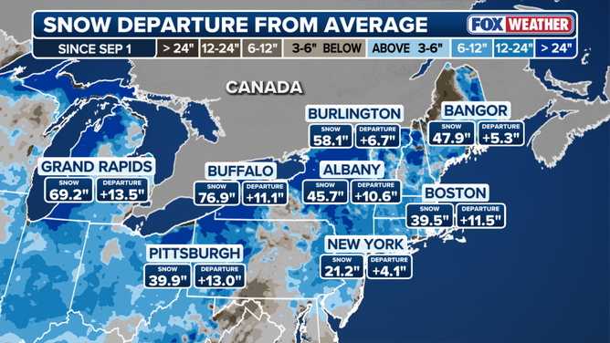 Snow departure from mean  map